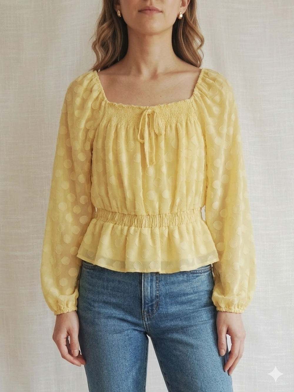 LC Lauren Conrad Yellow Clip Dot Smocked Peplum Top - Size XS - Picture 2 of 12